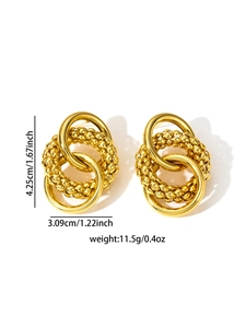 Detailed view of woven gold titanium hoop earrings with size 4.25cm by 3.09cm markings