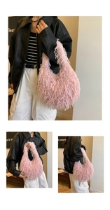 Three-angle view of a pink faux feather crescent shoulder bag with a fluffy texture