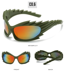 Three-angle display of dark green spiked sunglasses with iridescent orange lenses