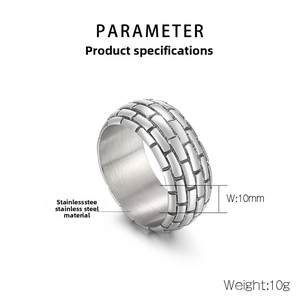 Detail of 10mm wide vintage punk titanium ring with 10g weight and brick texture