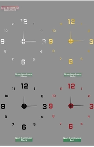 Detail showing DIY wall clock kit options in silver, gold, black, and red acrylic finishes