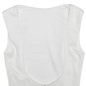 Close-up of the deep U-back design and refined stitching on this white sleeveless dress