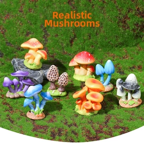 Miniature resin mushroom figurines in various colors and shapes on mossy forest ground