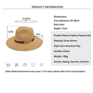Summer straw fedora hat for men and women with size chart showing brim and head depth