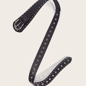 Punk black leather belt with silver metal rivets and eyelets in a stylish S-shape layout