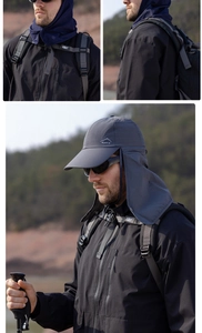 Detail of outdoor sun hat with breathable neck flap and quick-dry mesh for sun protection