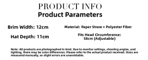 Detailed size chart for straw hat featuring 12cm wide brim and adjustable 58cm head size