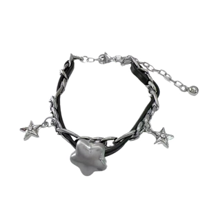 Y2K silver star pendant bracelet featuring metal chain, black leather cord and rhinestones