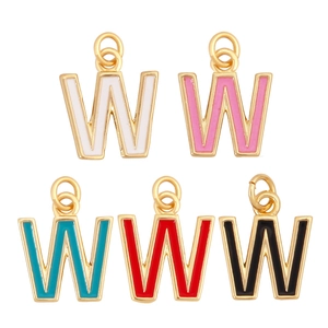 Close-up of five colorful enamel letter W pendants with golden metal borders on white base
