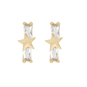 Detailed view of gold star stud earrings featuring rectangular clear zircon crystals