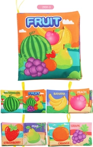 Educational soft baby cloth book featuring colorful fruit illustrations and English labels