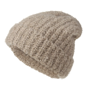 Macro detail of high-quality light brown textured knit beanie with warm fluffy yarn
