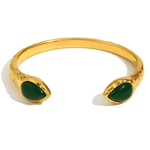 18K gold plated stainless steel snake head cuff bracelet with green agate stones