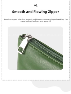Macro detail of green leather bag featuring silver metal zipper and lychee grain texture