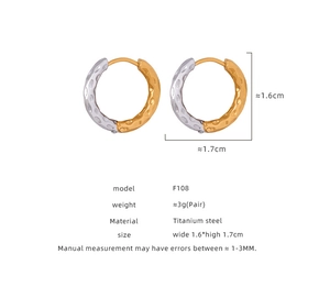 Detailed view of hammered texture on two-tone titanium steel geometric hoop earrings