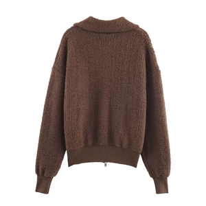 Brown textured boucle bomber jacket with zip-up collar and long sleeves on white background