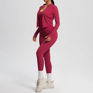 Three-piece yoga set with zip jacket and high-waisted leggings in dusty rose
