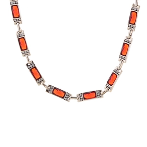 Elegant silver bracelet with rectangular red crystal stones and zircon accents