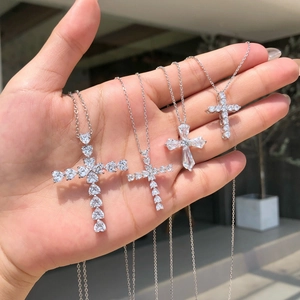 Set of four S925 sterling silver cross necklaces with sparkling zircon pendants for women