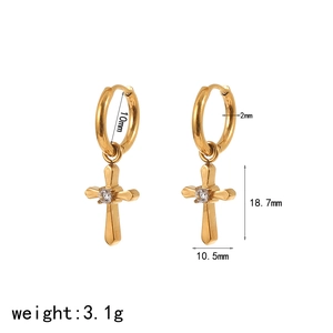 Gold stainless steel cross hoop earrings with rhinestones for women shown in 10mm size
