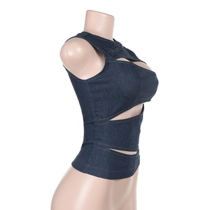 Detailed side view of dark blue denim sleeveless top with stylish cutout details on mannequin