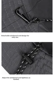 Detail of adjustable windproof rope with detachable plastic hook and toggle on sun hat
