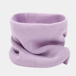Detail of light purple ribbed knit neck gaiter with soft textured wool blend fabric