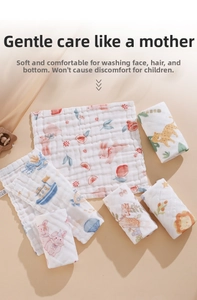 Detailed view of assorted soft cotton muslin washcloths with cute animal prints for babies