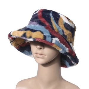 Colorful faux fur bucket hat with abstract winter pattern for women on display