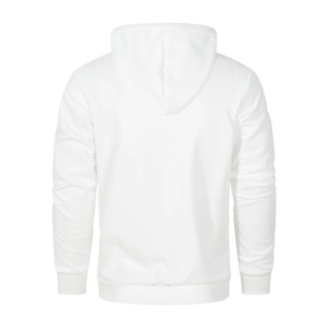 Rear view of white hoodie featuring ribbed cuffs and hem with ghost mannequin effect