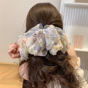 Pince À Cheveux Noeud En Mousseline Florale Grande Pince À Ressort À Étages Français Romantique Doux Pour Femmes Filles