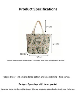 Tableau des tailles pour sac à main en toile brodé de marguerites douces et détails