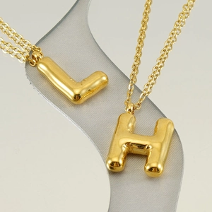 Polished 18K gold plated 3D bubble initial necklaces with L and H letter pendants
