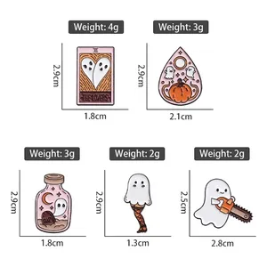 Gothic Halloween enamel pins set featuring tarot, ghost, and pumpkin designs in zinc alloy