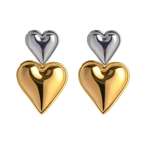 Two-tone 18k gold and silver heart-shaped stainless steel drop earrings for women