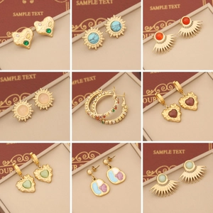 French Retro Stainless Steel Earrings Natural Stone Heart Sunflower Starburst Gold Plated Geometric Jewelry For Women