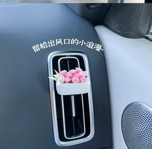 Car vent mini flower basket ornament with pink jasmine decor on car dashboard console
