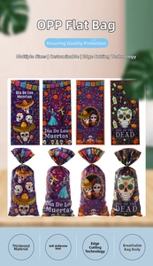 Detail of Day of the Dead candy bags with colorful skull patterns and self-adhesive seal