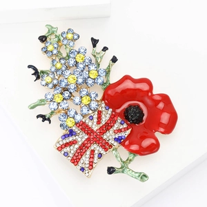 British flag poppy flower brooch with red enamel and vibrant rhinestone inlay design