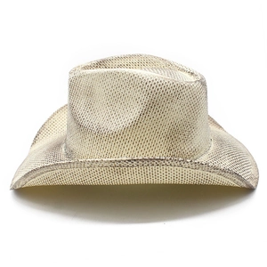 Close-up of the woven straw texture and classic curved brim of the stylish cowboy hat