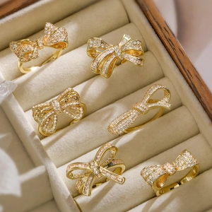 18K Gold Plated Copper Bow Open Ring For Women Rhinestone Inlaid Adjustable Sparkling Butterfly Knot Fashion Finger Jewelry