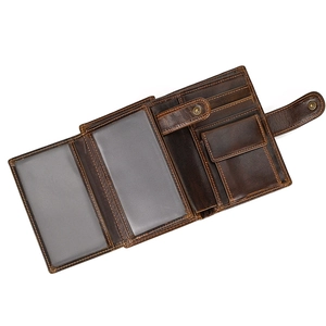 Detail view of genuine leather wallet interior with coin pocket and card slots