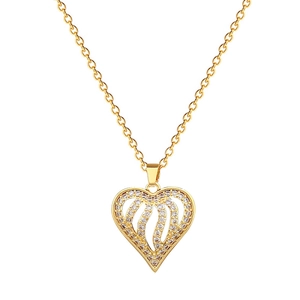 Elegant gold titanium necklace with hollow heart pendant paved with clear crystals