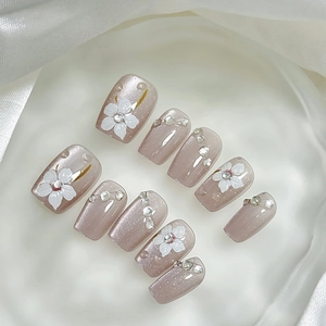 Handmade Press On Nails ABS Plastic With Rhinestone Artificial Pearl Cat Eye Effect Hand Painted Flower Short Square Elegant Women