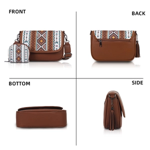 Bohemian brown PU leather crossbody bag set with tribal patterns and fringe details