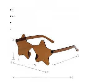 Detailed size chart for star-shaped rimless sunglasses with lens and frame dimensions