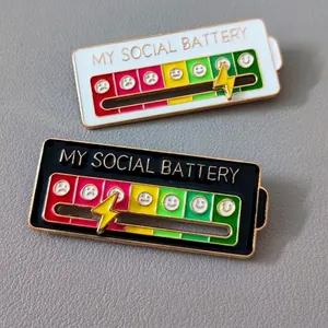 Social Battery Enamel Pin Sliding Mood Tracker My Energy Level Alloy Interactive Emoji Brooch Fun Jewelry Accessory