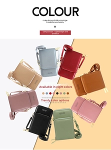Detailed display of eight colorful mini crossbody phone bags in textured faux leather