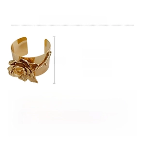 Detailed product specs of gold rose flower cuff bracelet with dimensions and material
