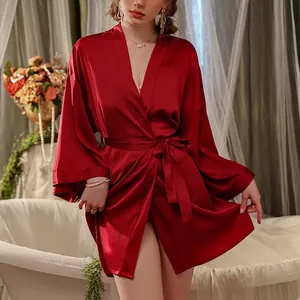 Robe De Nuit Sexy En Satin Pour Femmes Col En V Ceinture Taille Peignoir Kimono Brillant Polyester Pyjama